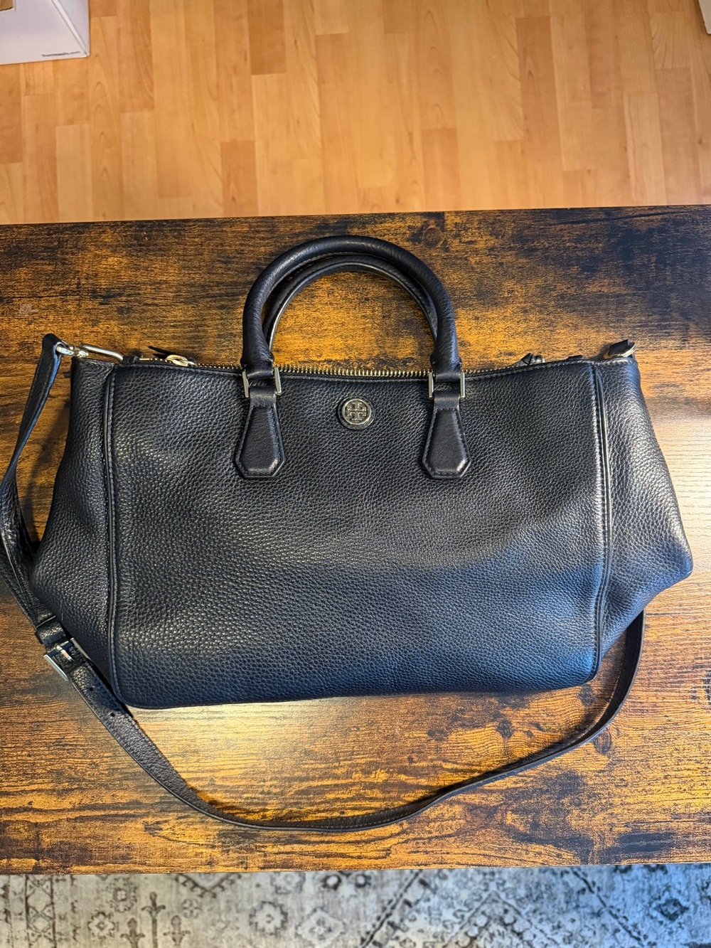 Tory Burch Black Pebbled Leather Tote with Shoulder Strap
